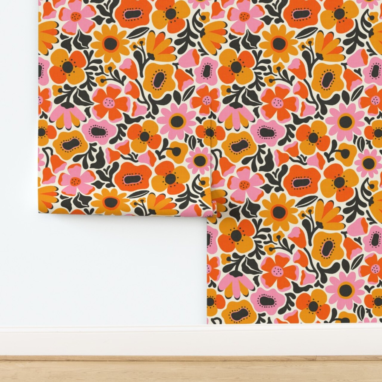 Retro Abstract Poppies Seventies Floral Botanical Flowers Dopamine Dressing Mcm Mid Mod Midcentury Modern 60S 70S Colorful Custom Removable Wallpaper by Spoonflower Peel & Stick Wallpaper 2FT Wide